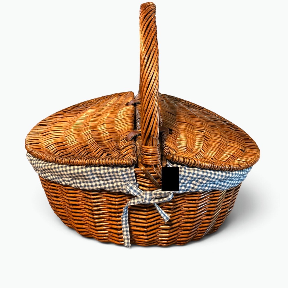 Cottagecore Wicker Picnic Basket Gingham Lined Double Lid Woven Hamper 18x13x9